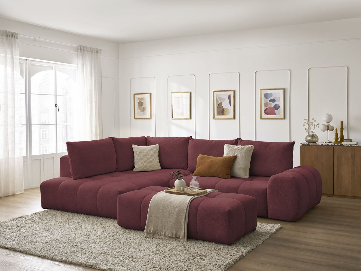 Bobochic Everest Ecksofa mit Schlaffunktion und Bettkasten und Pouf 320 × 212 cm, 5 Kissen Melange-Stoff Rot Ecke links