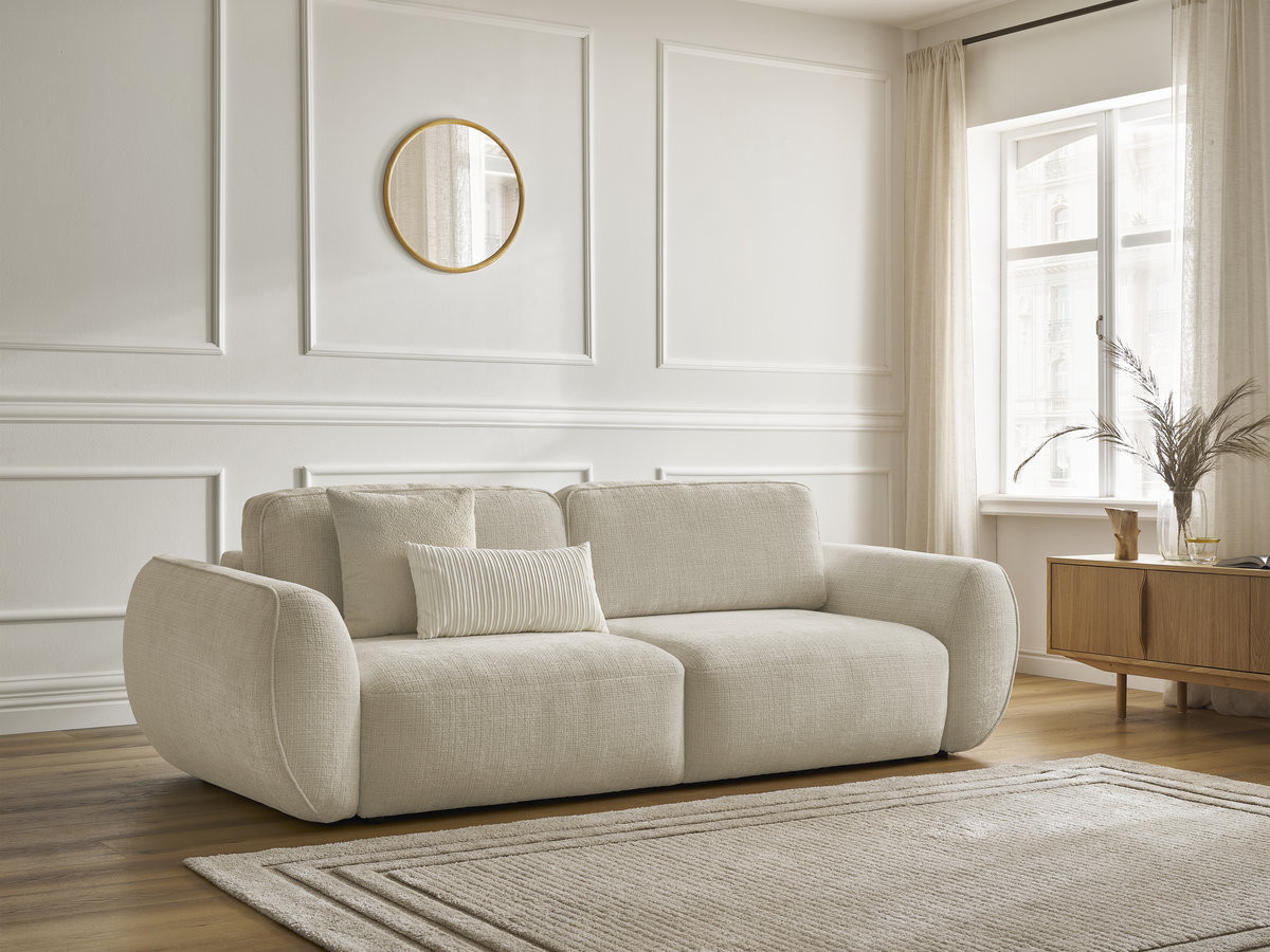 Bobochic Denise Schlafsofa 3-Sitzer mit Bettkasten Strukturstoff Beige