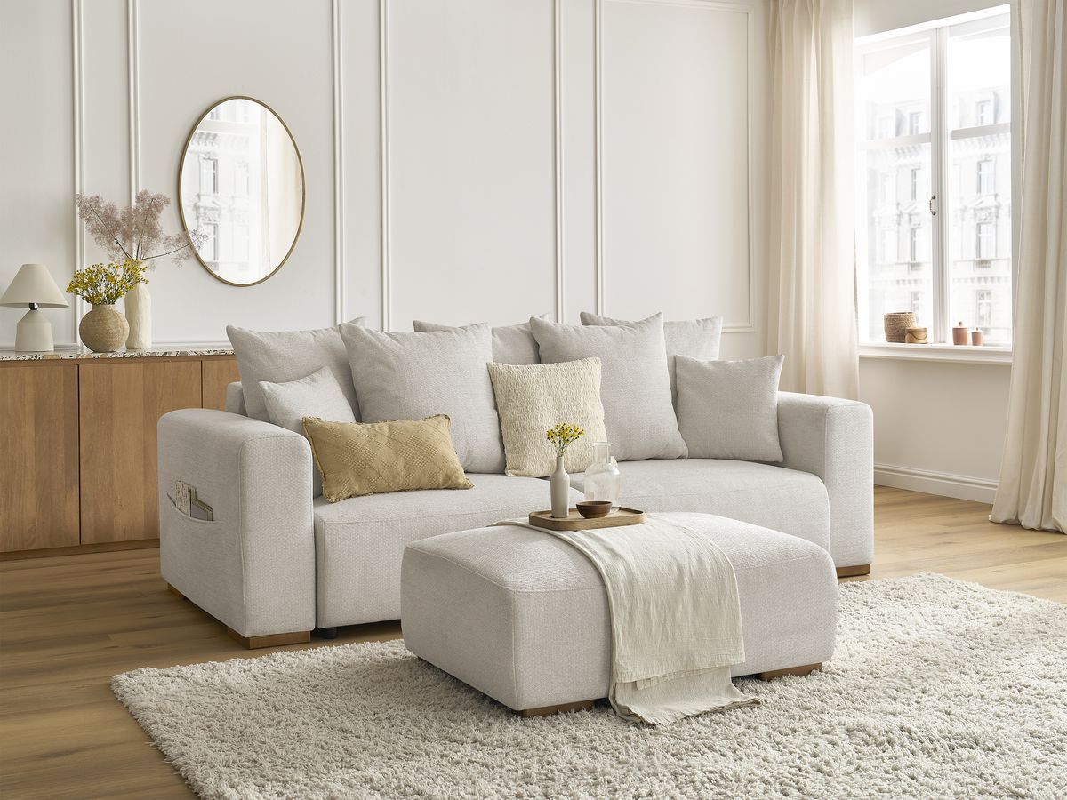 Bobochic Sidonie Schlafsofa 4-Sitzer mit Bettkasten und Pouf Melange-Stoff Beige