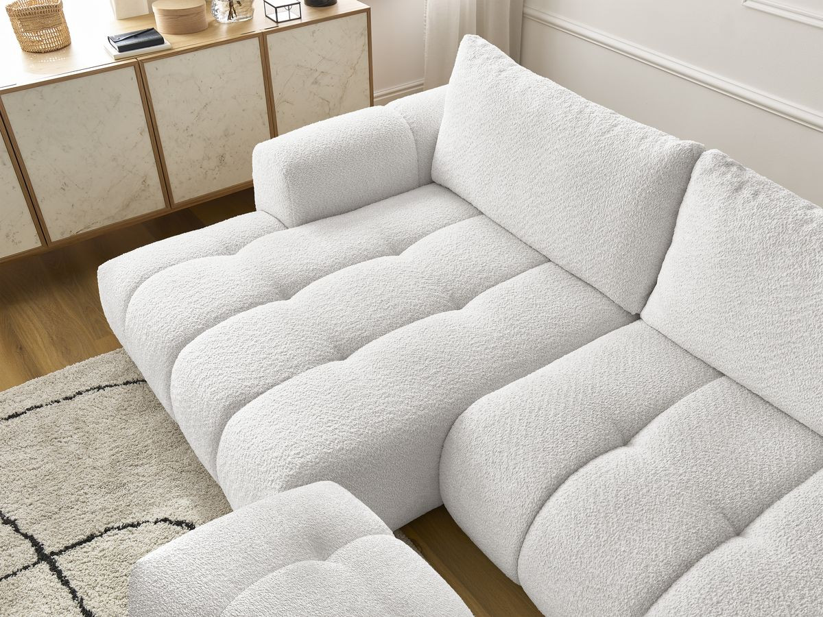Bobochic Fuji Ecksofa mit Schlaffunktion und Bettkasten und Pouf 292 × 160 cm Bouclé-Stoff Weiß Ecke links