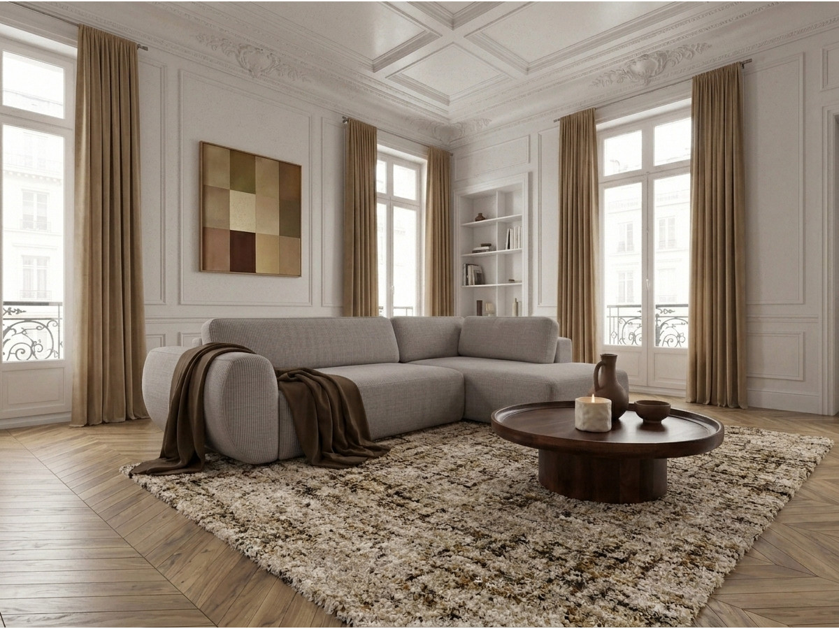Bobochic Denise Ecksofa mit Schlaffunktion und Bettkasten 256 × 197 cm Strukturstoff Taupe Ecke rechts