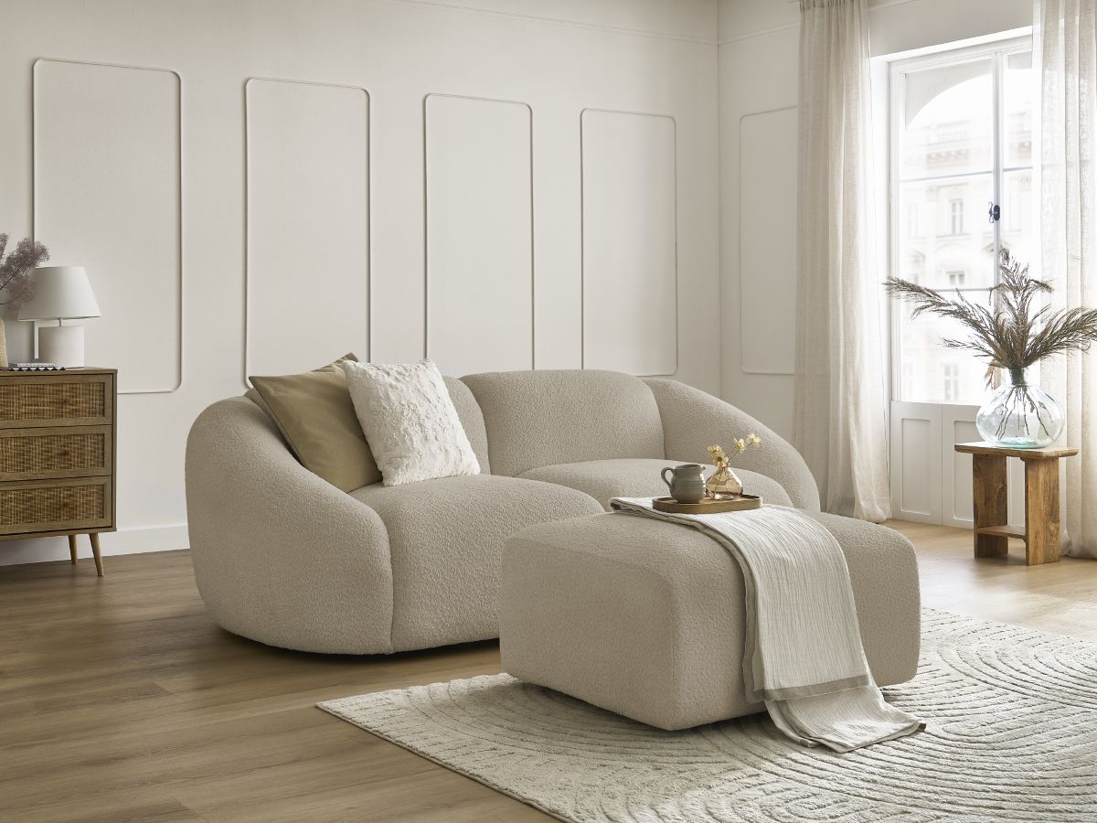 Bobochic Tina Sofa 3-Sitzer mit Pouf Bouclé-Stoff Beige