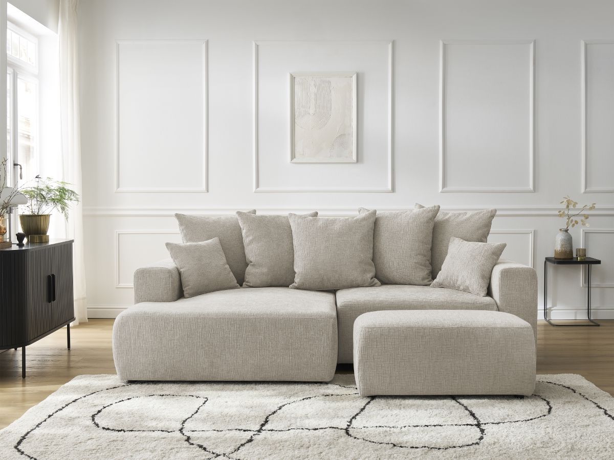 Bobochic Atilla Ecksofa mit Schlaffunktion und Bettkasten und Pouf Strukturstoff Beige Ecke links