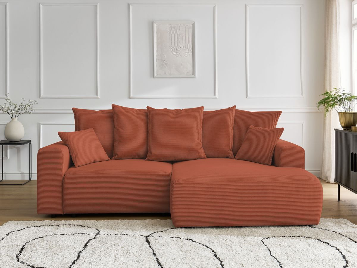 Bobochic Atilla Ecksofa mit Schlaffunktion und Bettkasten Cordsamt Orange Ecke rechts