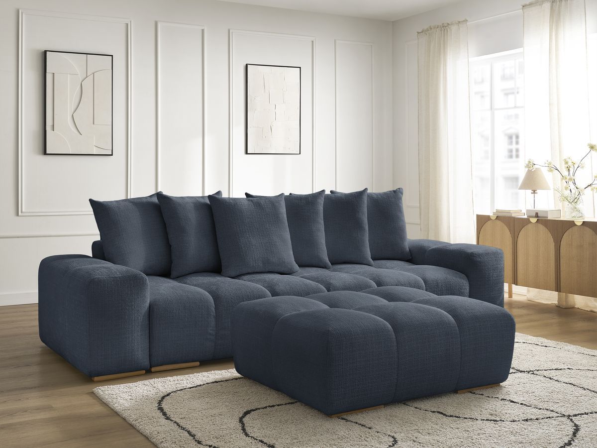 Bobochic Anakin Schlafsofa 3-Sitzer mit Bettkasten und Pouf, 6 Kissen Strukturstoff Dunkelblau