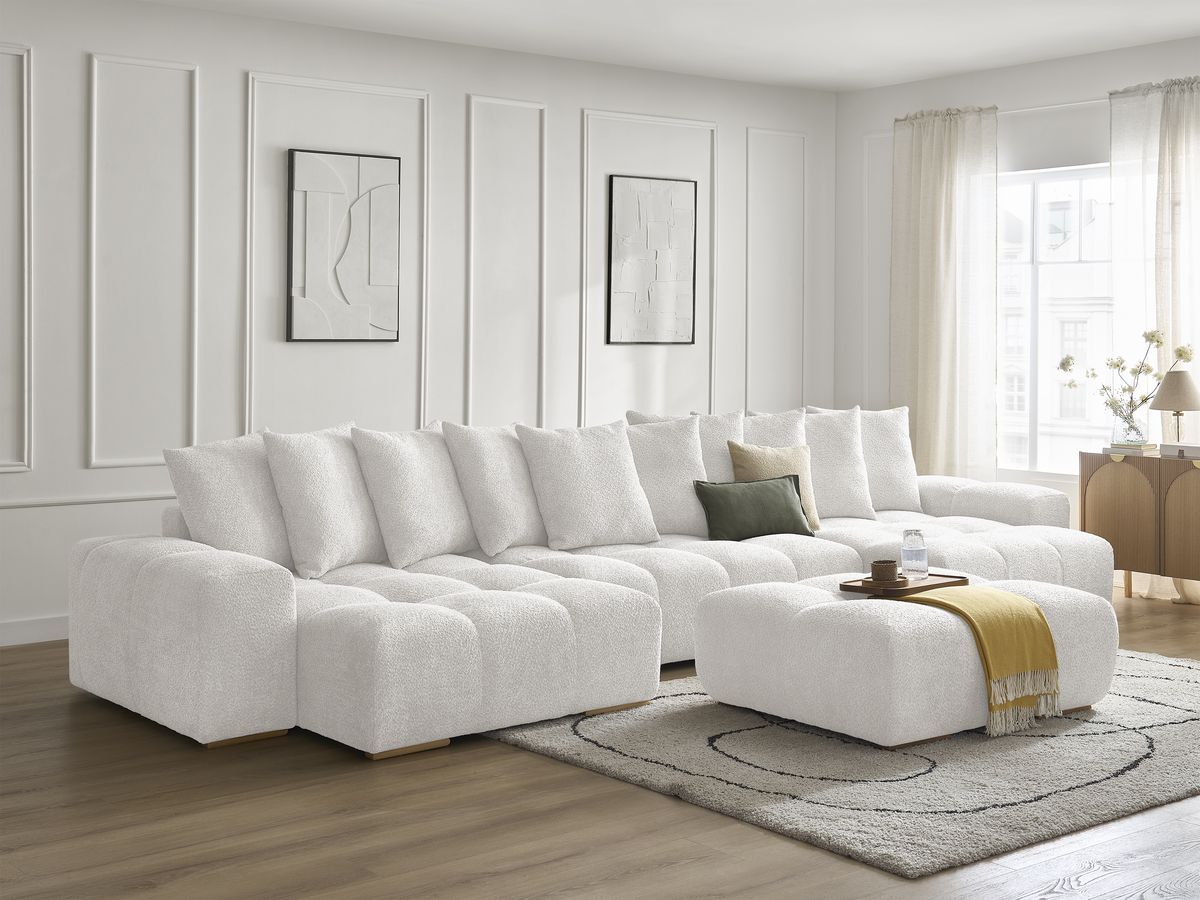 Bobochic Anakin Wohnlandschaft mit Pouf, Liegefläche 137 × 382 cm, 10 Kissen Bouclé-Stoff Weiß