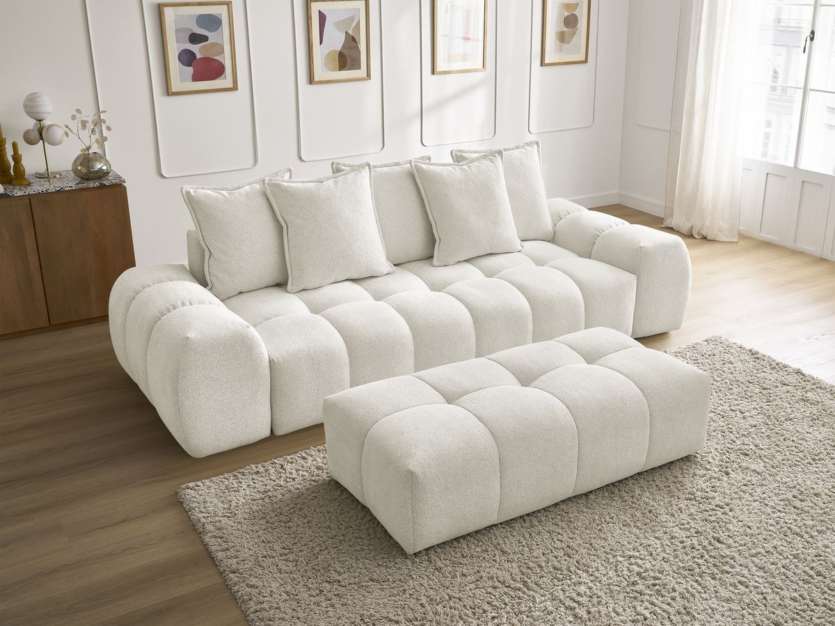 Bobochic Everest Sofa 3-Sitzer mit Pouf, 5 Kissen Melange-Stoff Weiß
