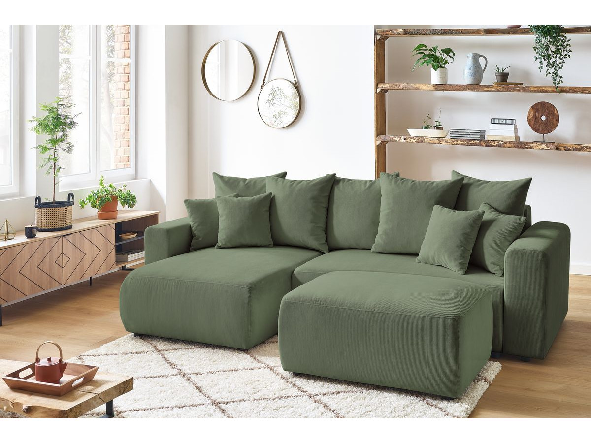Bobochic Envy Ecksofa mit Schlaffunktion und Bettkasten und Pouf Cordsamt Grün