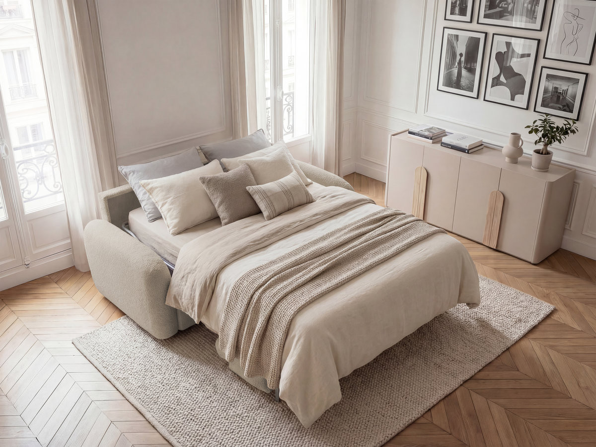 Bobochic Kenan Schlafsofa 3-Sitzer Bouclé-Stoff Beige, Liegefläche 160 × 196 cm