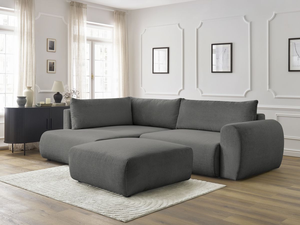 Bobochic Lucien Ecksofa mit Schlaffunktion und Bettkasten und Pouf 296 × 198 cm Stoff Dunkelgrau Ecke links