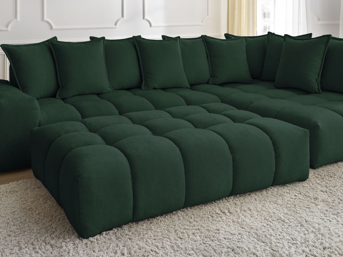 Bobochic Everest Ecksofa mit Schlaffunktion und Pouf, 10 Kissen Strukturstoff Grün Ecke rechts