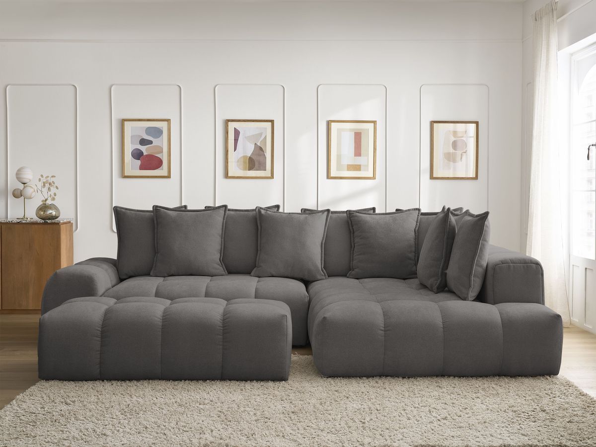 Bobochic Everest Ecksofa mit Schlaffunktion und Bettkasten und Pouf 320 × 212 cm, 10 Kissen Strukturstoff Dunkelgrau Ecke rechts