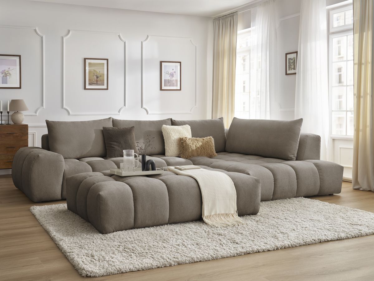 Bobochic Everest Ecksofa mit Schlaffunktion und Pouf, 4 Kissen Strukturstoff Taupe Ecke rechts