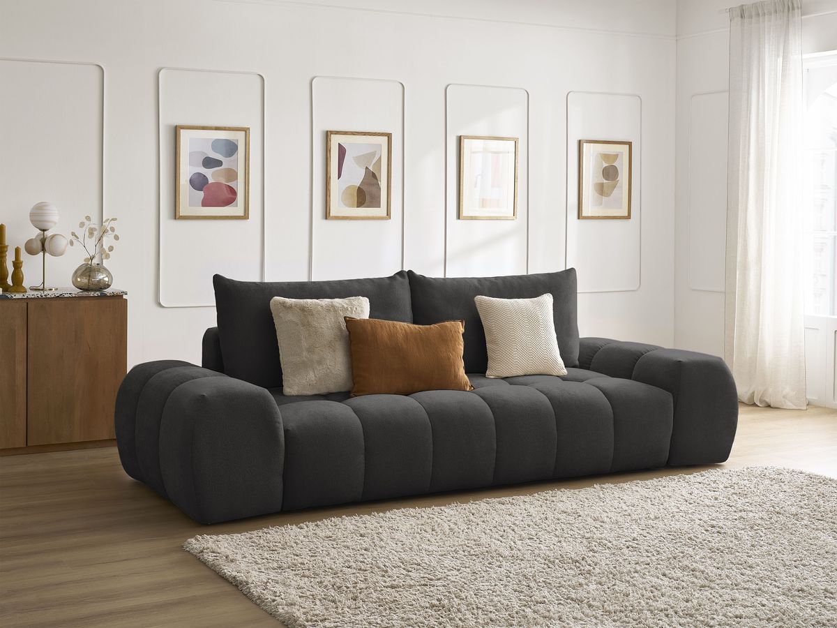 Bobochic Everest Schlafsofa 3-Sitzer mit Bettkasten, 2 Kissen Strukturstoff Schwarz