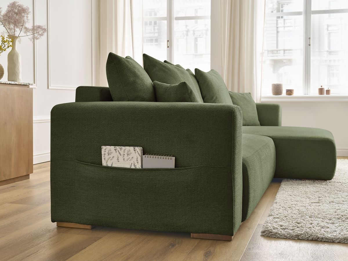 Bobochic Sidonie Ecksofa mit Schlaffunktion und Bettkasten Melange-Stoff Grün
