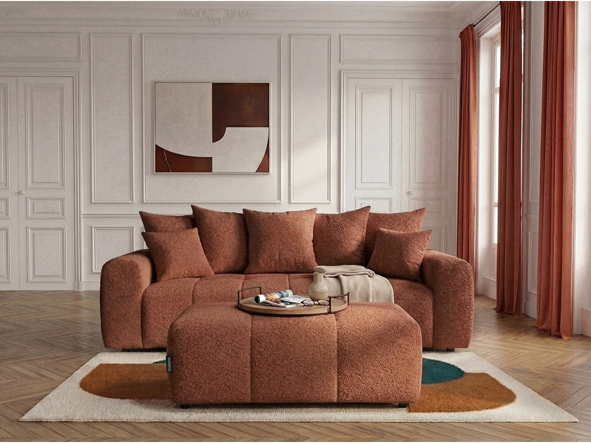 Bobochic Roxelane Schlafsofa 3-Sitzer mit Bettkasten und Pouf Bouclé-Stoff Orange
