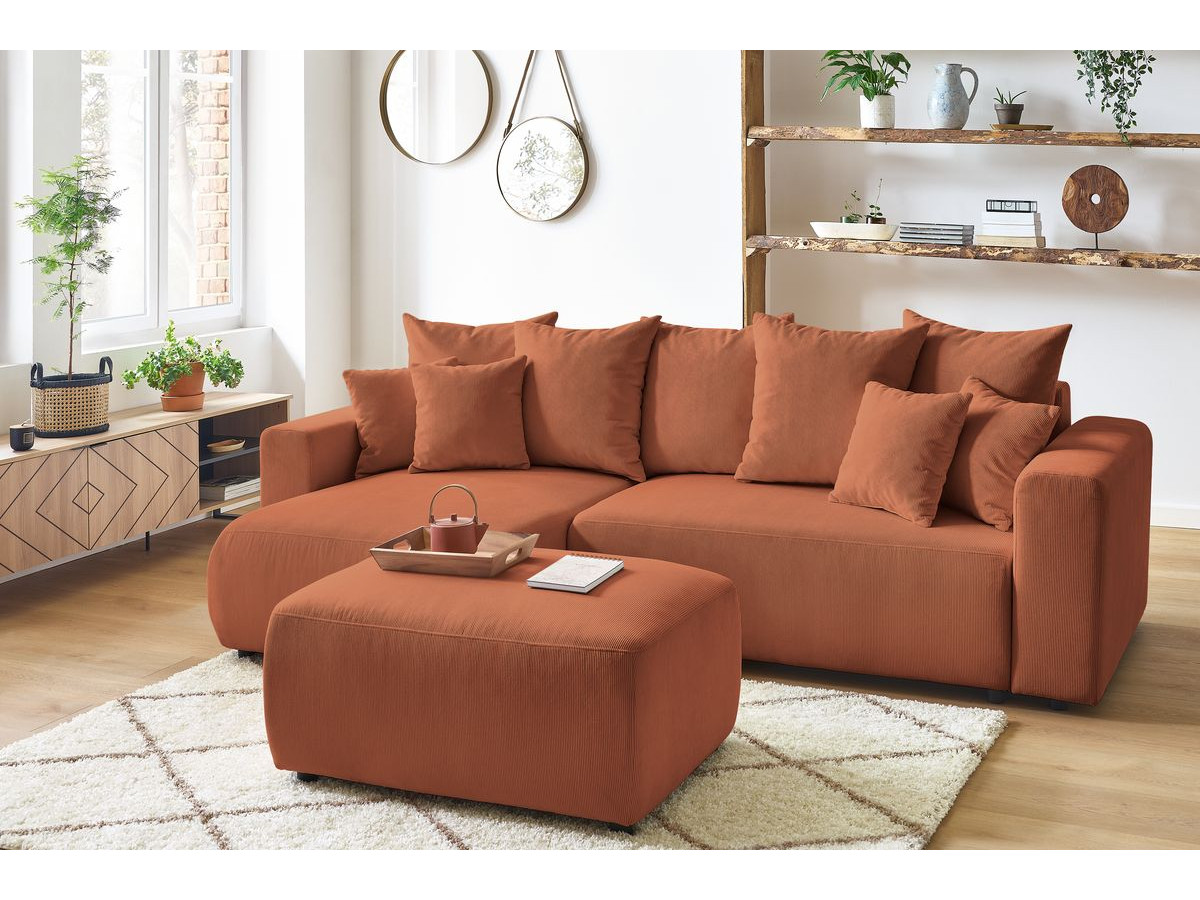Bobochic Envy Ecksofa mit Schlaffunktion und Bettkasten und Pouf Cordsamt Orange