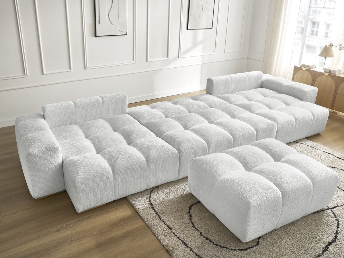 Bobochic Anakin Wohnlandschaft mit Pouf, Liegefläche 137 × 382 cm, 10 Kissen Strukturstoff Hellgrau