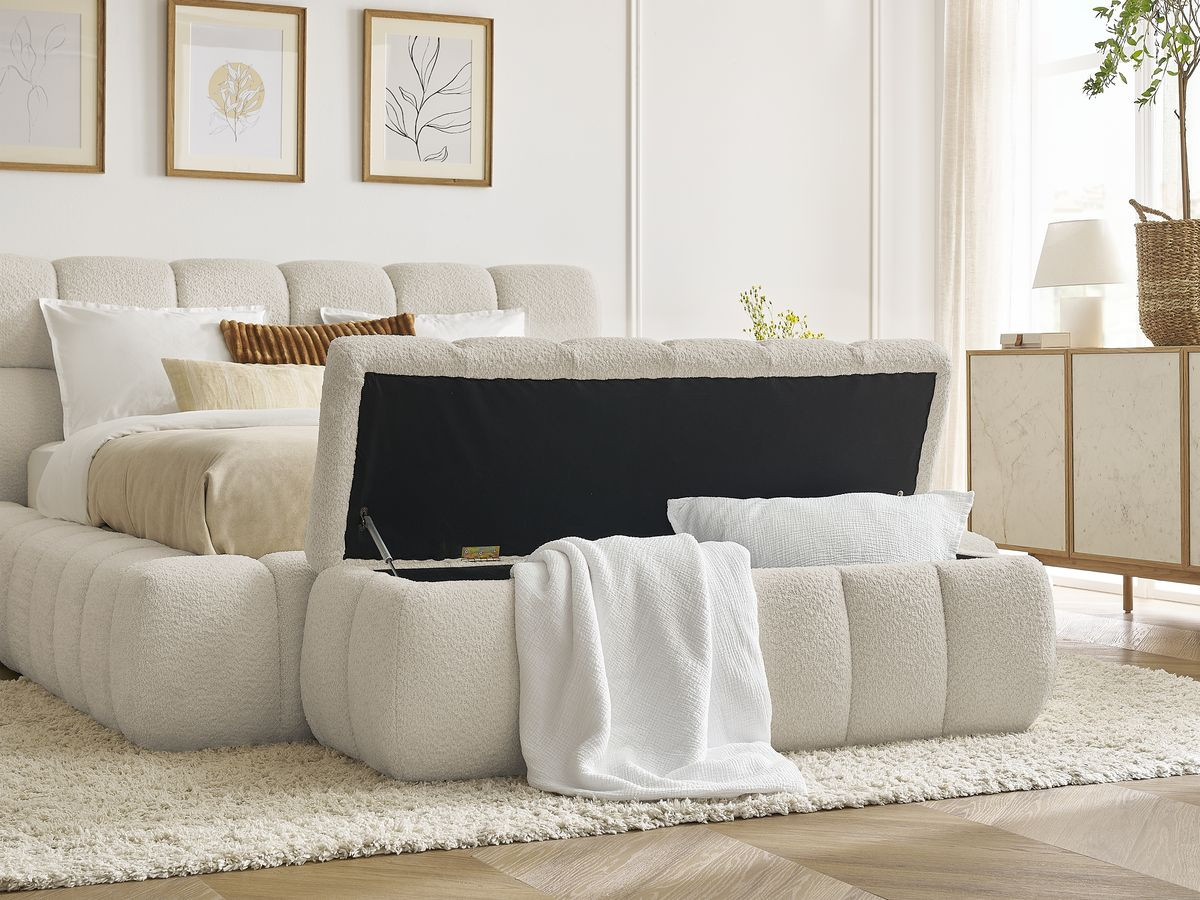 Bobochic Mont-blanc Polsterbett mit Bettkasten mit Bettbank Bouclé-Stoff Beige, Liegefläche 140 × 190 cm