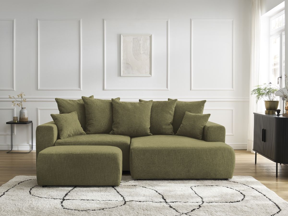 Bobochic Atilla Ecksofa mit Schlaffunktion und Bettkasten und Pouf Strukturstoff Grün Ecke rechts
