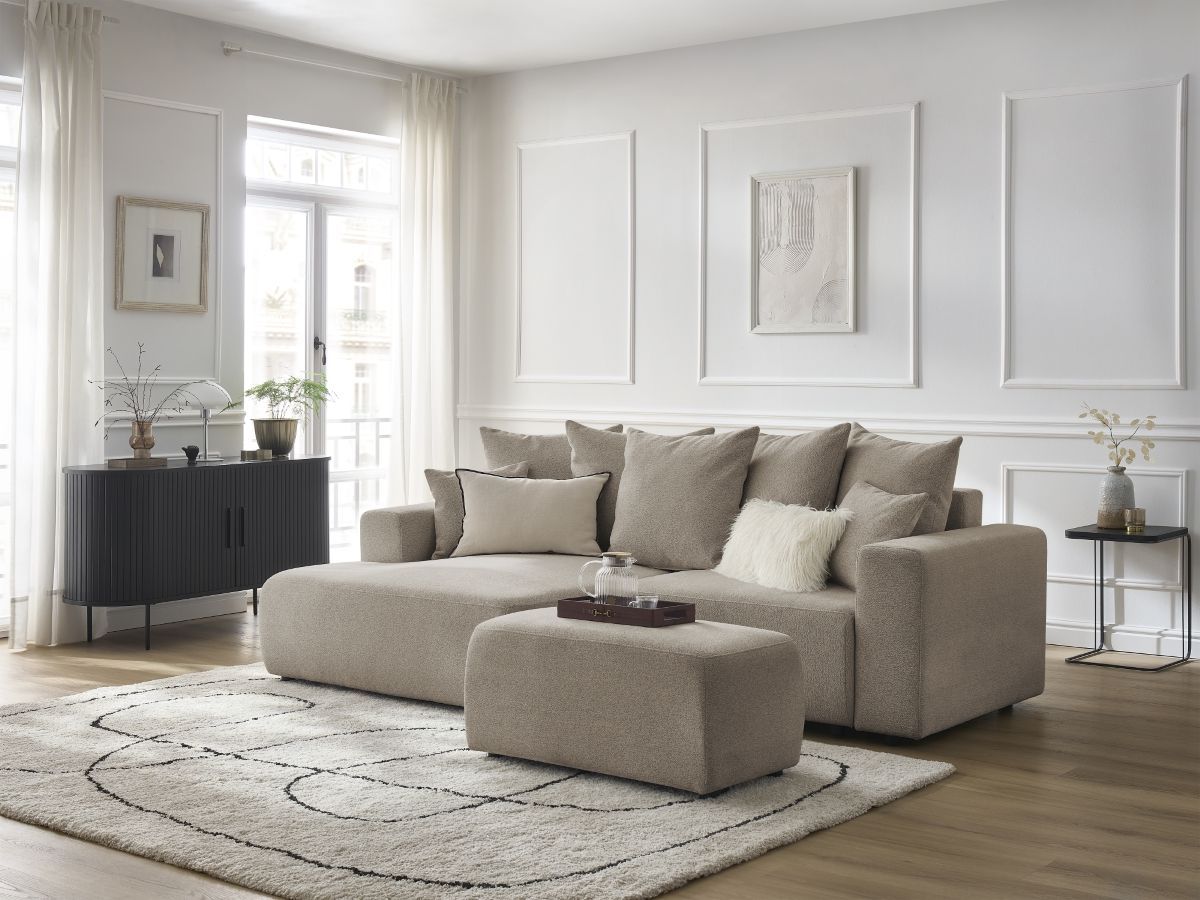 Bobochic Atilla Ecksofa mit Schlaffunktion und Bettkasten und Pouf Melange-Stoff Taupe Ecke links