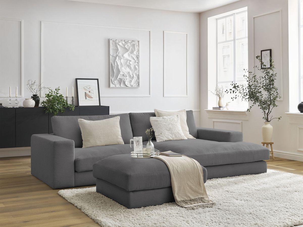 Bobochic Leonard Ecksofa mit Pouf 274 × 159 cm Cordsamt Dunkelgrau Ecke rechts