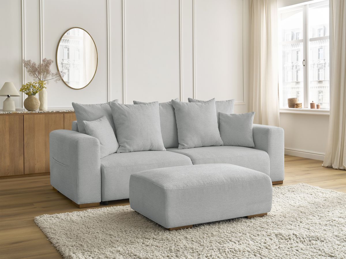 Bobochic Sidonie Schlafsofa 4-Sitzer mit Bettkasten und Pouf Melange-Stoff Hellgrau