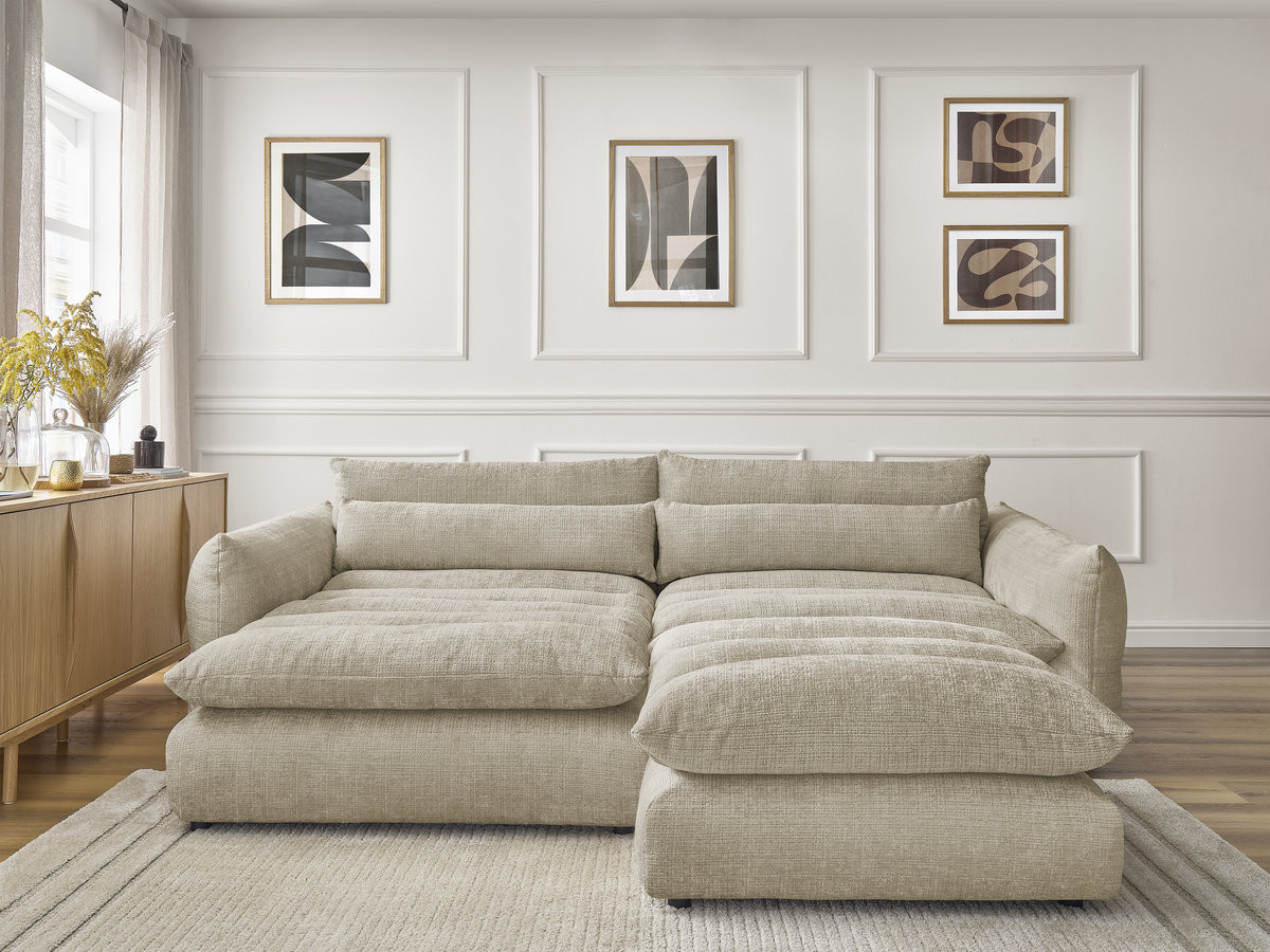 Bobochic Neil Ecksofa mit Pouf Strukturstoff Beige Ecke links