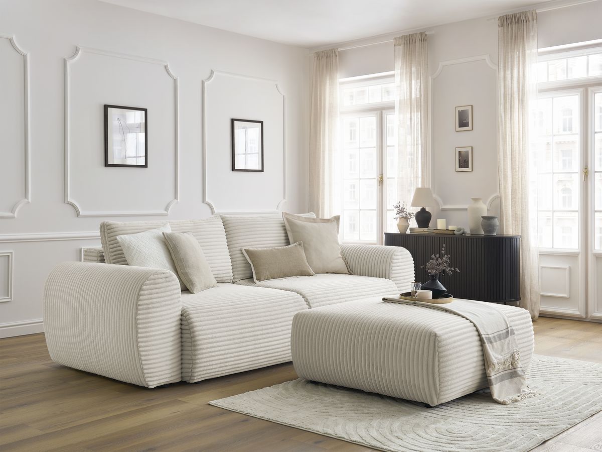 Bobochic Lucien Schlafsofa 4-Sitzer mit Bettkasten und Pouf Breitcord weich Beige