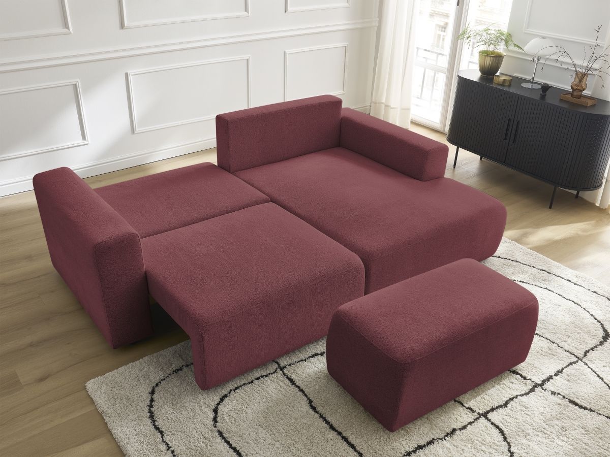 Bobochic Atilla Ecksofa mit Schlaffunktion und Bettkasten und Pouf Melange-Stoff Rot Ecke rechts