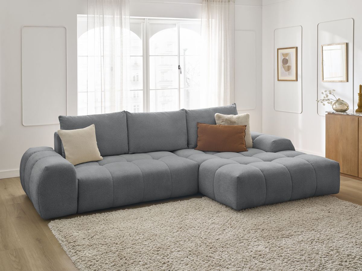 Bobochic Everest Ecksofa mit Schlaffunktion und Bettkasten 318 × 180 cm, 3 Kissen Melange-Stoff Dunkelgrau Ecke rechts