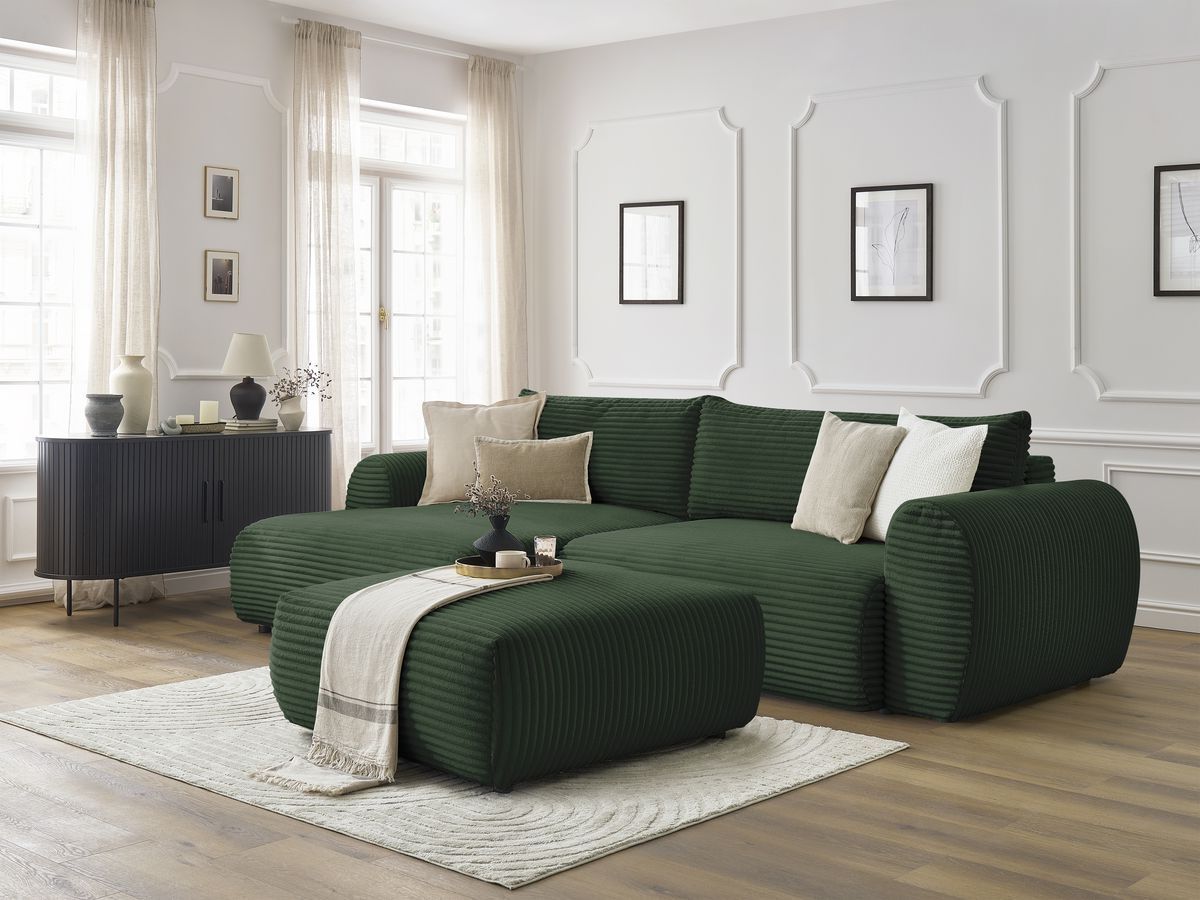Bobochic Lucien Ecksofa mit Schlaffunktion und Bettkasten und Pouf 314 × 167 cm Breitcord weich Grün Ecke links