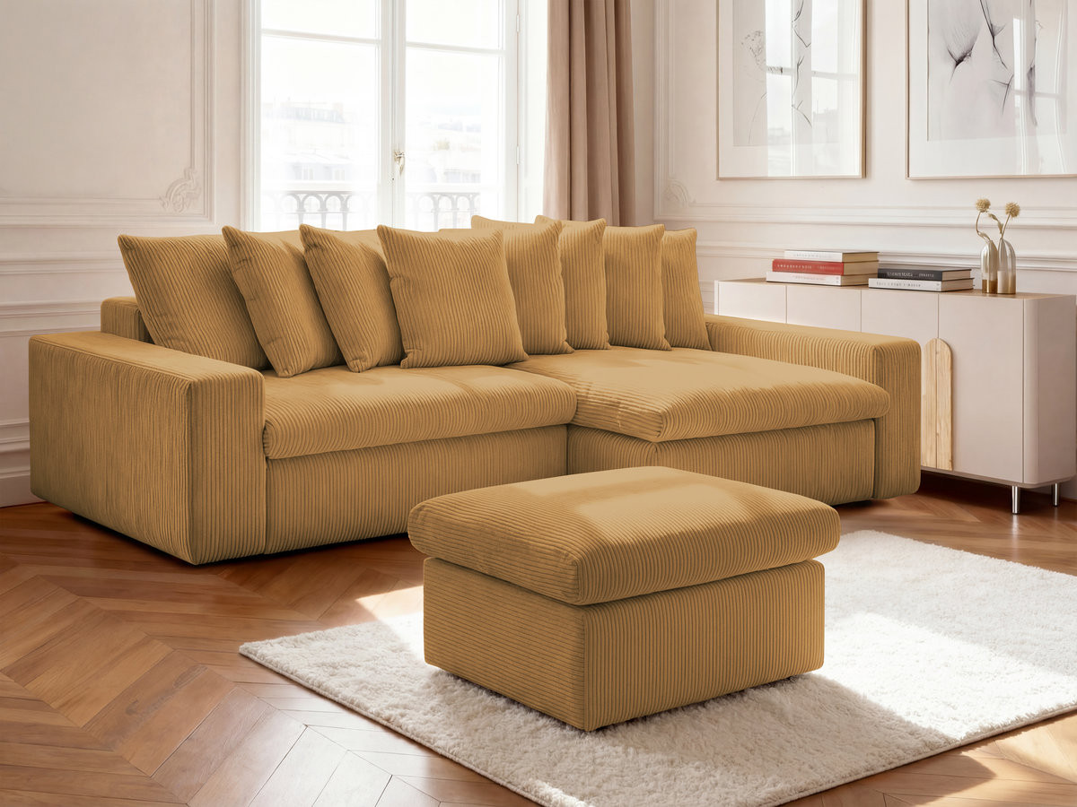 Bobochic Enore Ecksofa mit Pouf Cordsamt Gelb Ecke rechts