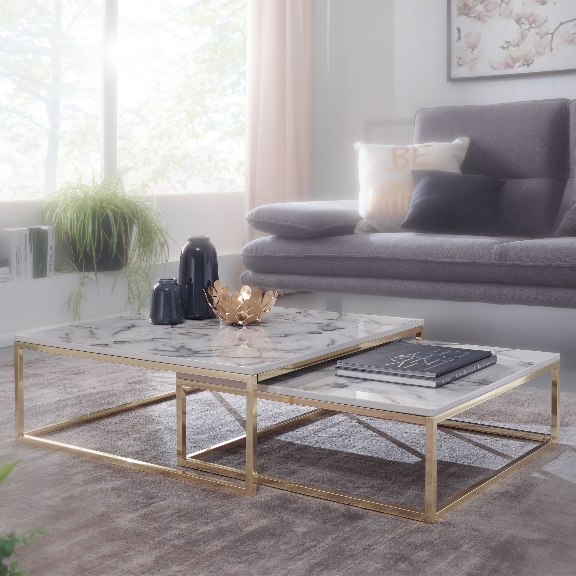 Satztisch 2er-Set Kvivik Marmoroptik Weiß 75 × 75 × 27 cm