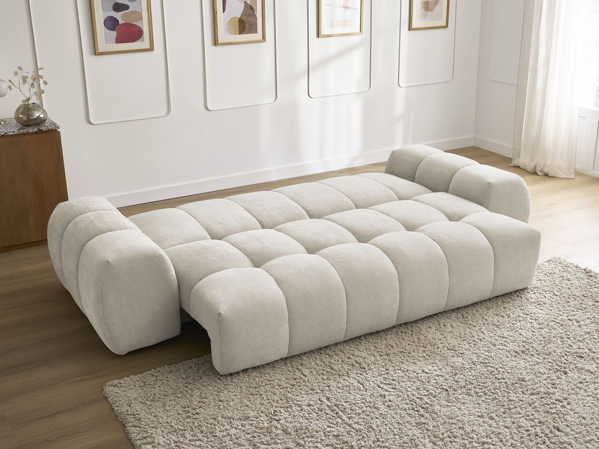 Bobochic Everest Schlafsofa 3-Sitzer mit Bettkasten, 5 Kissen Strukturstoff Beige