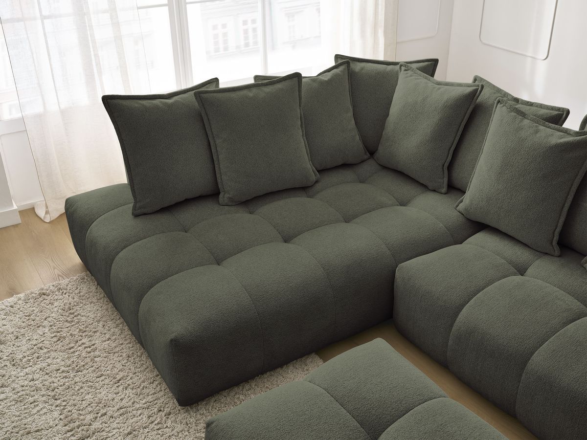 Bobochic Everest Ecksofa mit Schlaffunktion und Bettkasten und Pouf 320 × 212 cm, 10 Kissen Melange-Stoff Grün Ecke links