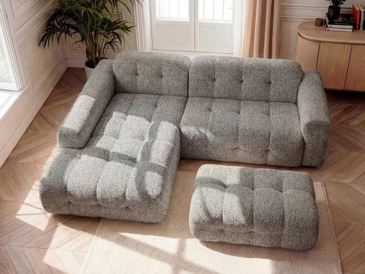 Bobochic Laura Ecksofa mit großem Pouf Melange-Stoff Taupe Ecke links