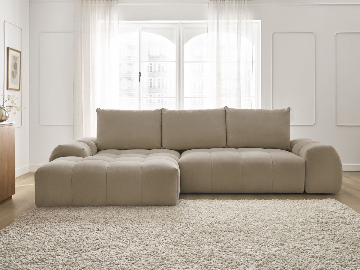 Bobochic Everest Ecksofa mit Schlaffunktion und Bettkasten 318 × 180 cm, 3 Kissen Strukturstoff Taupe Ecke links