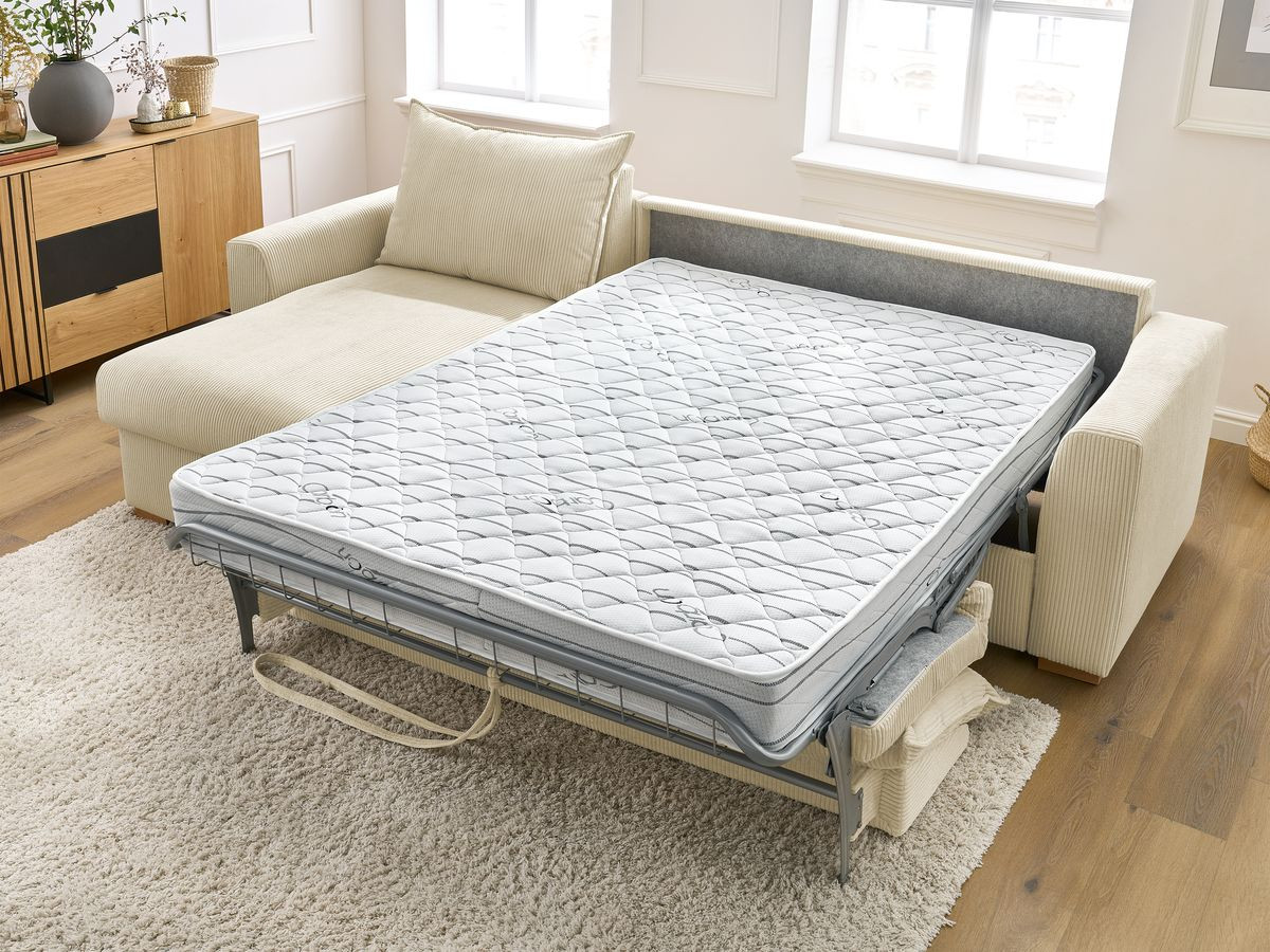 Bobochic Augustin Ecksofa mit Schlaffunktion und Bettkasten Cordsamt Beige, Liegefläche 140 × 200 cm