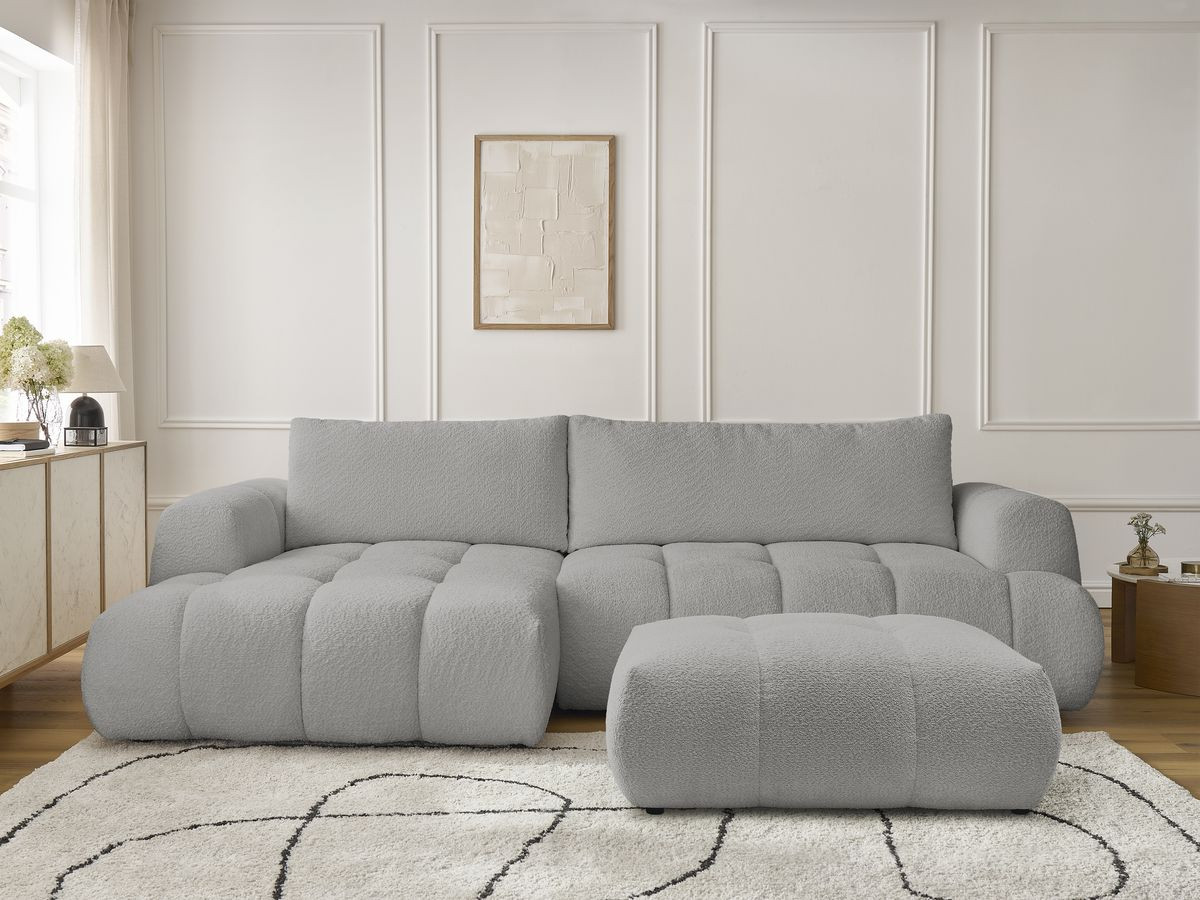 Bobochic Fuji Ecksofa mit Schlaffunktion und Bettkasten und Pouf 292 × 160 cm Bouclé-Stoff Hellgrau Ecke links