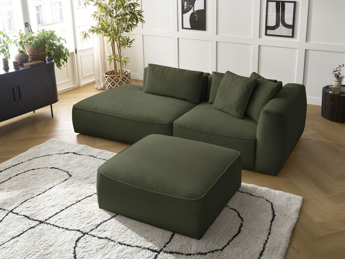 Bobochic Leopold Sofa 4-Sitzer mit Pouf Melange-Stoff Dunkelgrün Armlehne rechts