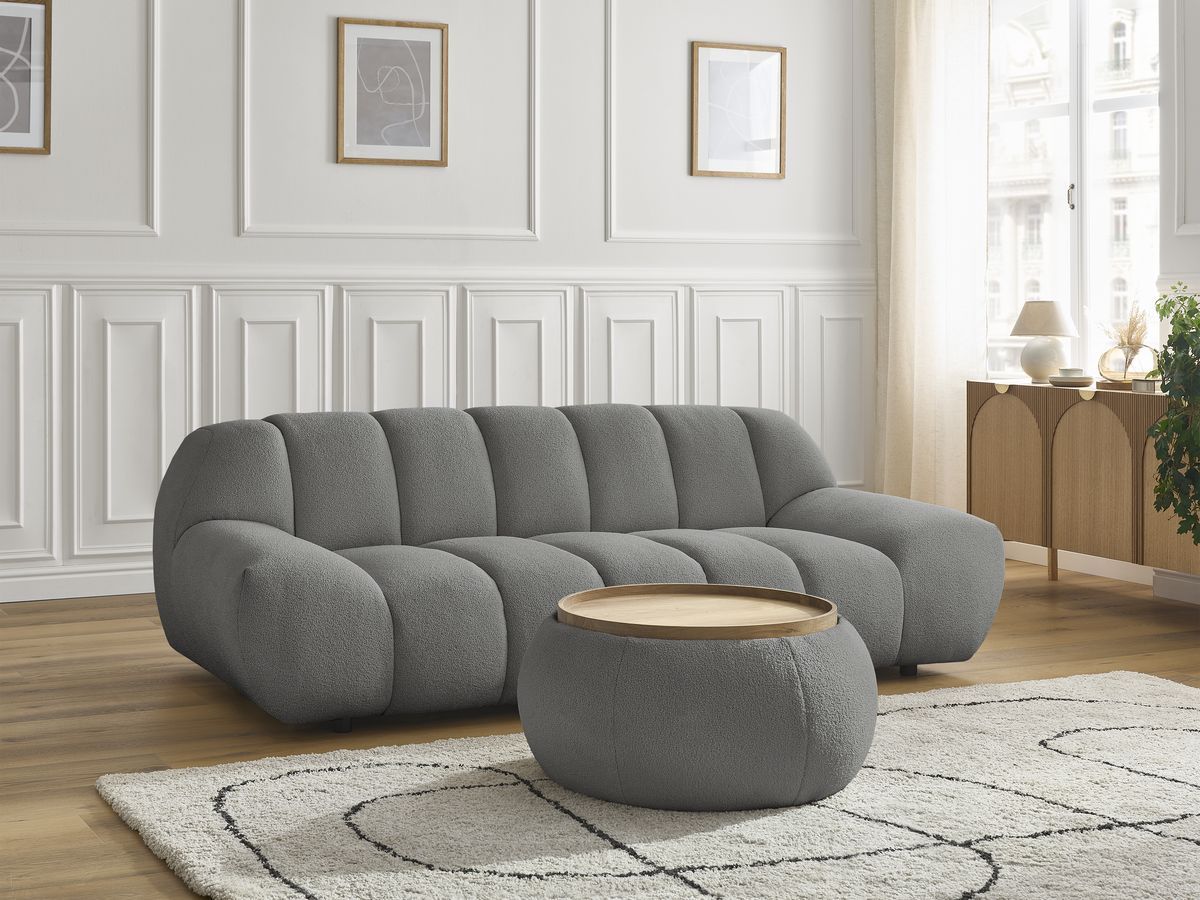 Bobochic Hayden Sofa 2-Sitzer mit Pouf Bouclé-Stoff Dunkelgrau