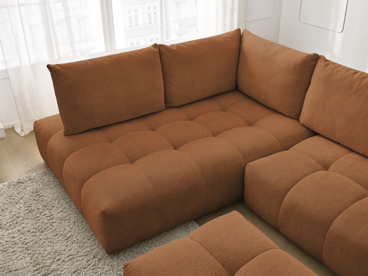 Bobochic Everest Ecksofa mit Schlaffunktion und Bettkasten und Pouf 320 × 212 cm, 5 Kissen Melange-Stoff Orange Ecke links