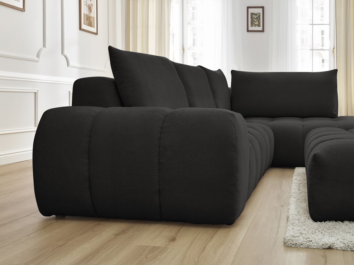Bobochic Everest Ecksofa mit Schlaffunktion und Pouf, 4 Kissen Strukturstoff Schwarz Ecke rechts