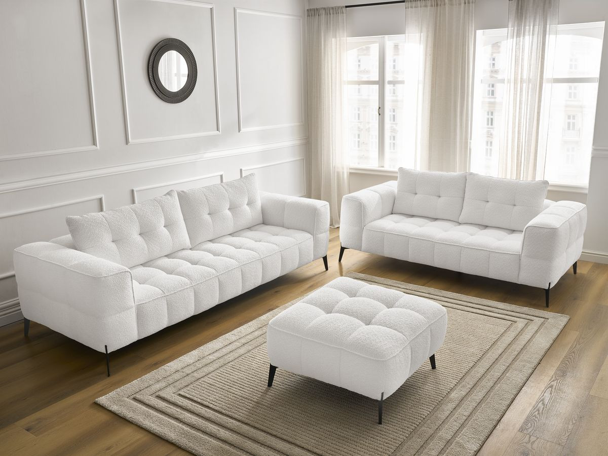 Bobochic Anis Sofa 5-Sitzer mit Pouf Bouclé-Stoff Weiß