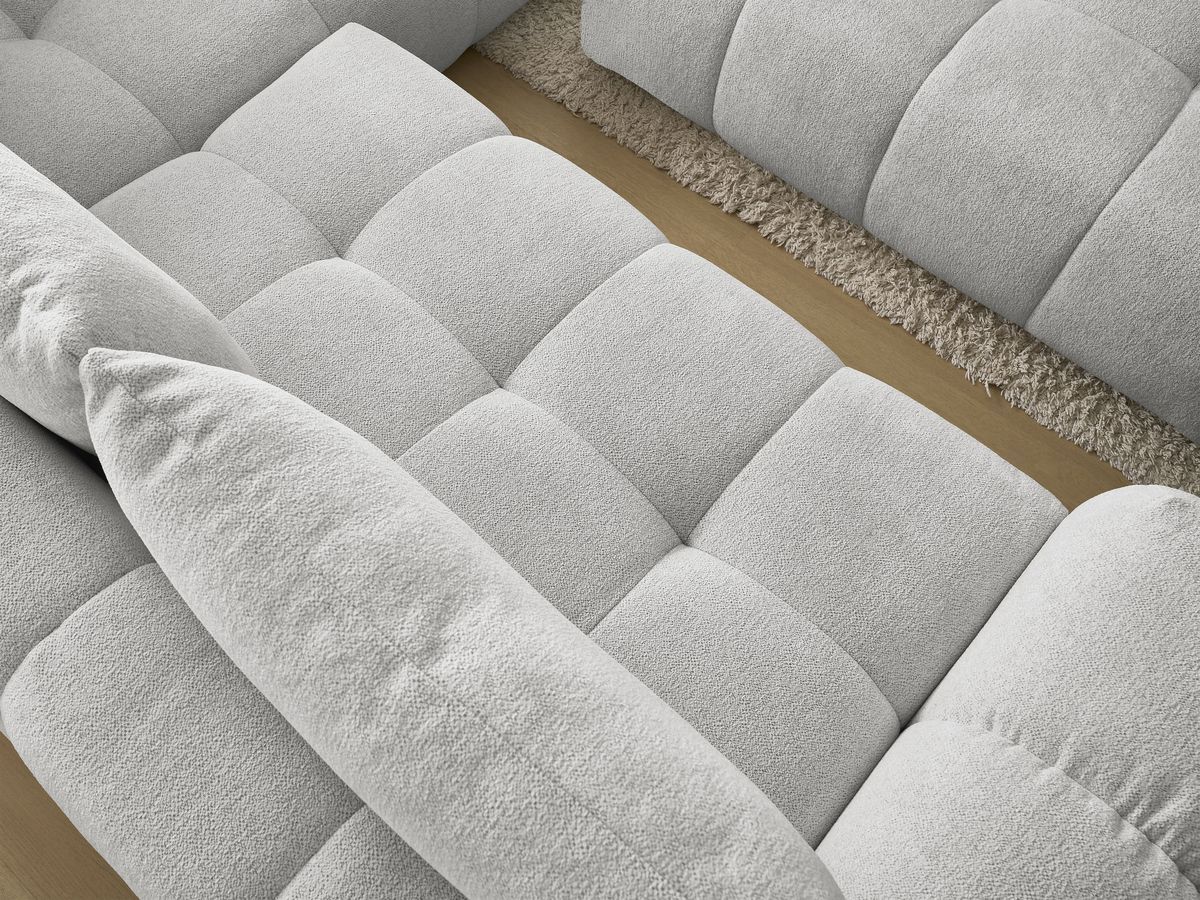 Bobochic Everest Ecksofa mit Schlaffunktion und Bettkasten und Pouf 320 × 212 cm, 5 Kissen Melange-Stoff Hellgrau Ecke rechts