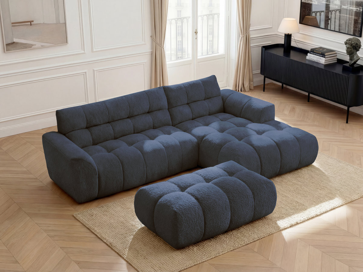 Bobochic Jaya Ecksofa mit Pouf Chenille Dunkelblau Ecke rechts
