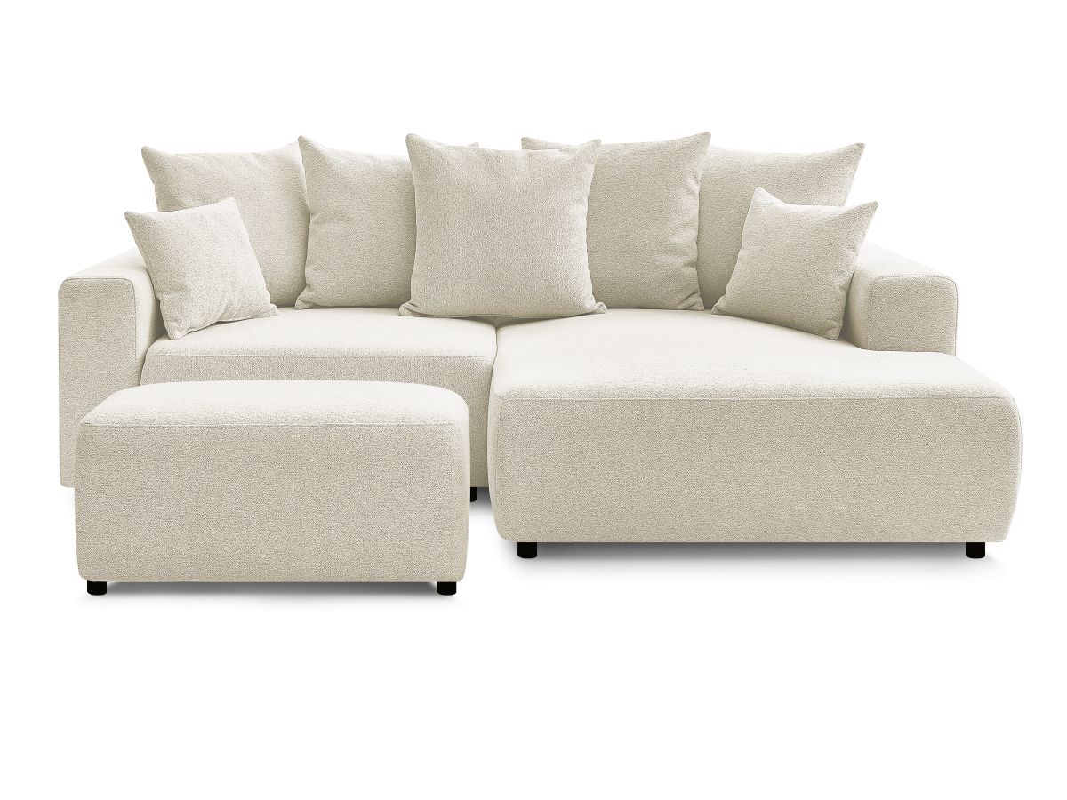 Bobochic Atilla Ecksofa mit Schlaffunktion und Bettkasten und Pouf Melange-Stoff Weiß Ecke rechts