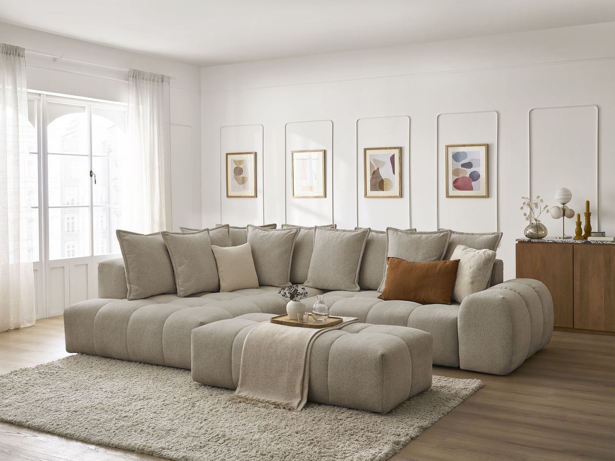 Bobochic Everest Ecksofa mit Schlaffunktion und Bettkasten und Pouf 320 × 212 cm, 10 Kissen Melange-Stoff Taupe Ecke links