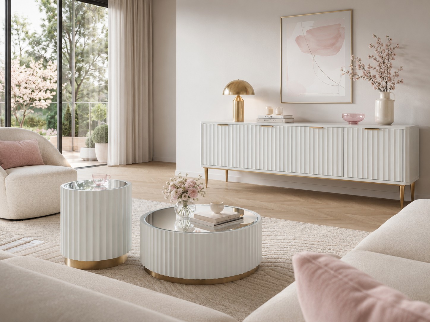 Livin Hill Set Stilig: Couchtisch 90 cm + Beistelltisch Gebrochenes Weiß